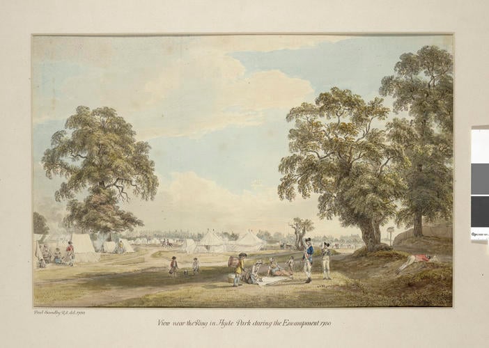 View near the Ring in Hyde Park, looking towards Grosvenor Gate, during the Encampment