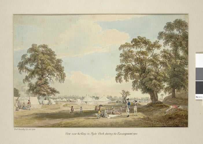 View near the Ring in Hyde Park, looking towards Grosvenor Gate, during the Encampment View near the Ring in Hyde Park, looking towards Grosvenor Gate, during the Encampment