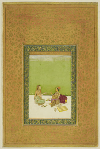 Master: A late Mughal album of calligraphy and paintings.
Item: Calligraphy by Sayyid Ali Khan and a Mughal painting of ladies on a terrace