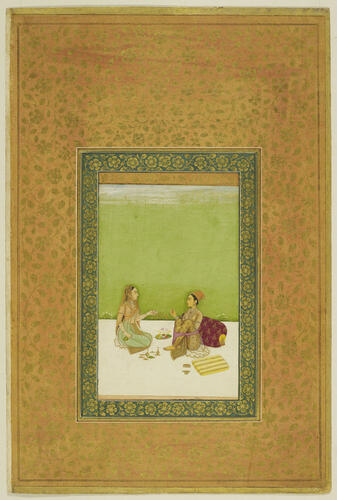 Master: A late Mughal album of calligraphy and paintings.
Item: Calligraphy by Sayyid Ali Khan and a Mughal painting of ladies on a terrace Master: A late Mughal album of calligraphy and paintings.
Item: Calligraphy by Sayyid Ali Khan and a Mughal painting of ladies on a terrace