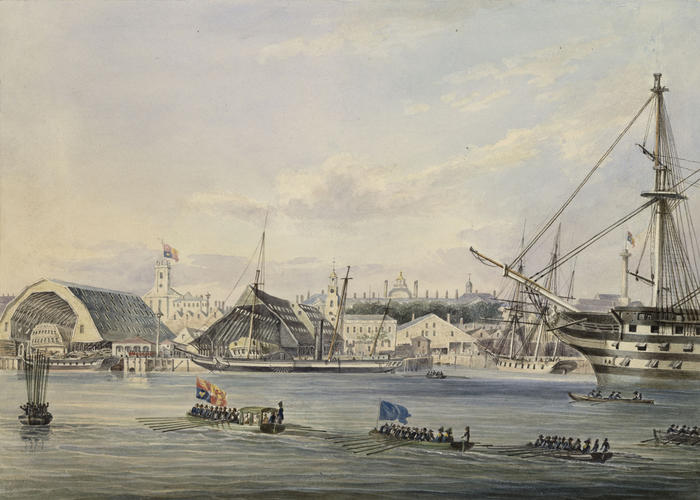 The Duchess of Kent with Princess Victoria approaching the King's Stairs at Devonport dockyard, 3 August 1833