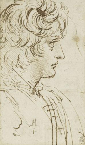 Recto: The bust of a youth in profile. Verso: Studies of machinery, showing the action of cog-wheels