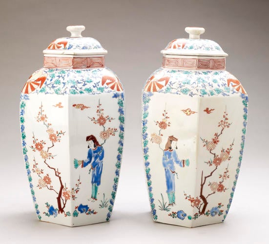 Master: Pair of hexagonal jars and covers
