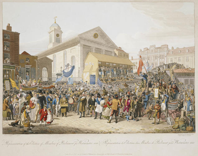 Westminster Election scene. Title in English and French, with separate key in French and German. 1818