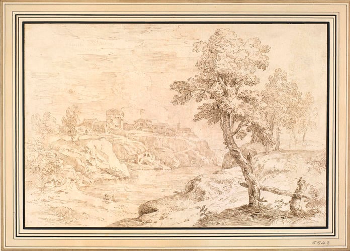 A river with a distant village on a bluff A river with a distant village on a bluff