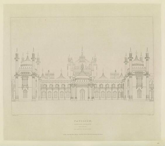 Master: Illustrations of Her Majesty's Palace at Brighton; formerly the Pavilion: executed by the Command of King George the Fourth, under the Superintendence of John Nash, Esq. , architect : to which is prefixed, A History of the Palace, by Edward Wedlake Brayley, Esq. , F. S. A.
Item: Pavilion, Principal Entrance, West Front