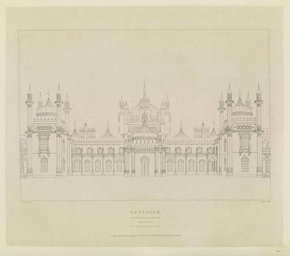 Master: Illustrations of Her Majesty's Palace at Brighton; formerly the Pavilion: executed by the Command of King George the Fourth, under the Superintendence of John Nash, Esq. , architect : to which is prefixed, A History of the Palace, by Edward Wedlake Brayley, Esq. , F. S. A.
Item: Pavilion, Principal Entrance, West Front Master: Illustrations of Her Majesty's Palace at Brighton; formerly the Pavilion: executed by the Command of King George the Fourth, under the Superintendence of John Nash, Esq. , architect : to which is prefixed, A History of the Palace, by Edward Wedlake Brayley, Esq. , F. S. A.
Item: Pavilion, Principal Entrance, West Front