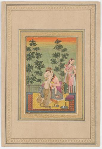Master: Mughal album of portraits, animals and birds.
Item: Paintings of a northern lapwing and lovers on a terrace Master: Mughal album of portraits, animals and birds.
Item: Paintings of a northern lapwing and lovers on a terrace