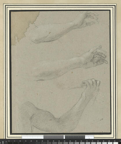 Recto: Three studies of arms. Verso: A left hand holding a stick