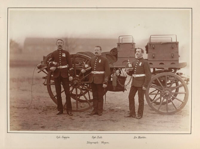 Three soldiers from the Royal Engineers beside a telegraph wagon during the Anglo-Egyptian War