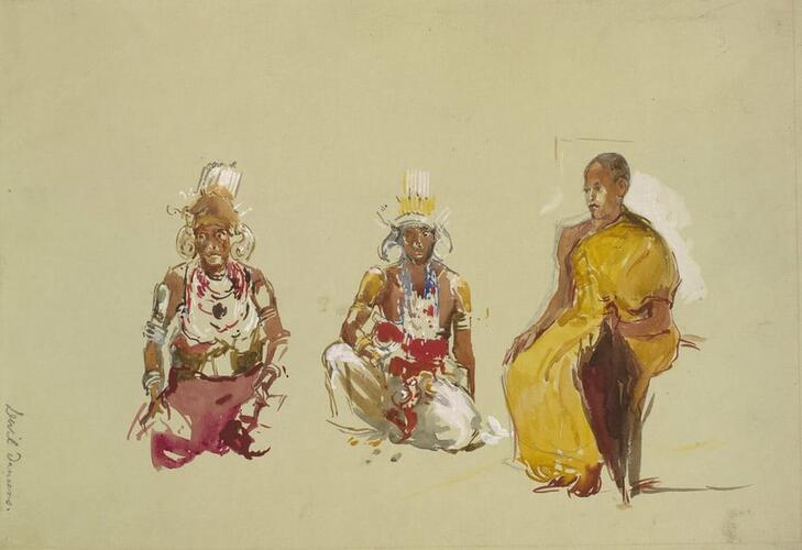 Two Sri Lankan dancers and a Buddhist monk