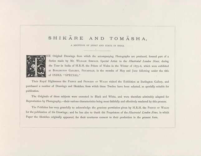 Shikare and Tomasha : A Souvenir of the Visit of H. R. H. The Prince of Wales to India / by William Simpson. Consisting of twelve photographs from the original drawings, the property of The Prince of 