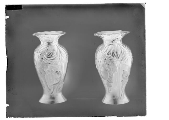 Glass plate negative of two bronze vases