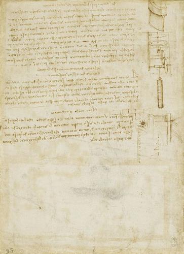 Recto: Notes and studies of lathes moved by a weight. Verso: A sheet of notes, diagrams of graded pipes, and calculations Recto: Notes and studies of lathes moved by a weight. Verso: A sheet of notes, diagrams of graded pipes, and calculations