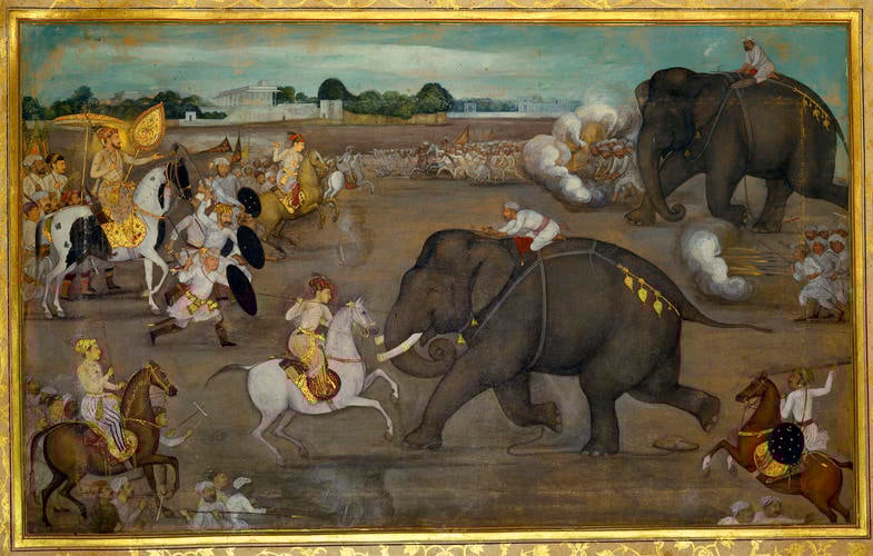 Master: Padshahnamah پادشاهنامه (The Book of Emperors)
Item: Prince Awrangzeb facing a maddened elephant named Sudhakar (7 June 1633) Master: Padshahnamah پادشاهنامه (The Book of Emperors)
Item: Prince Awrangzeb facing a maddened elephant named Sudhakar (7 June 1633)