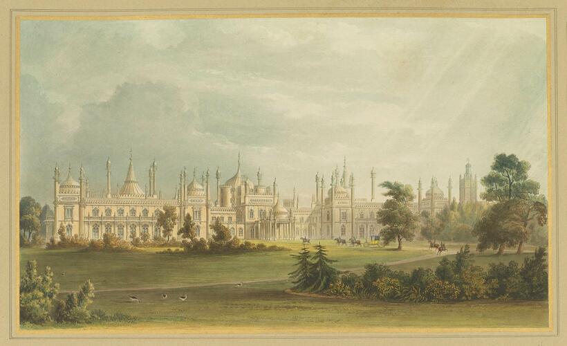 Master: Illustrations of Her Majesty's Palace at Brighton; formerly the Pavilion: executed by the Command of King George the Fourth, under the Superintendence of John Nash, Esq. , architect : to which is prefixed, A History of the Palace, by Edward Wedlake Brayley, Esq. , F. S. A.
Item: Pavilion, West Front
