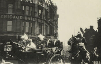 Master: Page 56 of Queen Mary's Album, vol. 19 (15th July 1918 - 22nd June 1921).
Item: King George and Queen Mary at the opening of Southwark Bridge, 6 June 1921