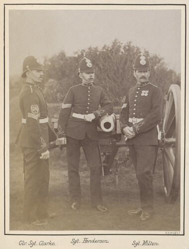 Sergeant Henderson, Sergeant Major Milton and Colour Sergeant Clarke who served in the Royal Marine Artillery during the Anglo-Egyptian War Sergeant Henderson, Sergeant Major Milton and Colour Sergeant Clarke who served in the Royal Marine Artillery during the Anglo-Egyptian War