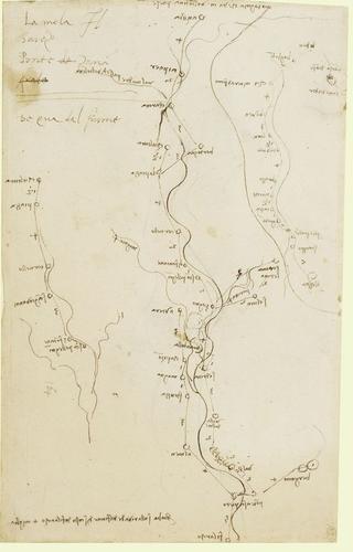 Recto: Three sketches of the course of the rivers Brembana, Trompia and Sabbia, with towns and distances marked.
Verso: Heads in profile Recto: Three sketches of the course of the rivers Brembana, Trompia and Sabbia, with towns and distances marked.
Verso: Heads in profile