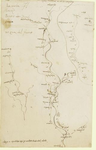 Recto: Three sketches of the course of the rivers Brembana, Trompia and Sabbia, with towns and distances marked. 
Verso: Heads in profile