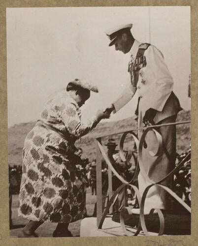 King George VI (1895-1952) shaking hands with 'Mantšebo Amelia 'Matšaba (1902–64)