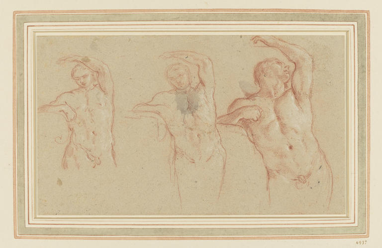 The vault of the church of S Luigi dei Francesi: three studies of the right-hand standing figure The vault of the church of S Luigi dei Francesi: three studies of the right-hand standing figure