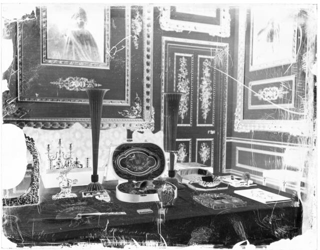 Glass plate negative of a display of gifts in the White Drawing Room Glass plate negative of a display of gifts in the White Drawing Room