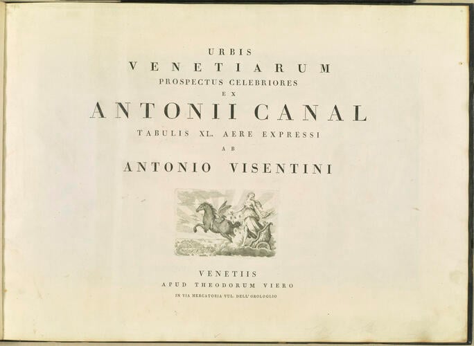 Master: Venetian views after Canaletto
Item: Urbis/ Venetiarum/ prospectus celebriores/ ex /Antonii Canal/ tabulis XL aere expressi/ ab/ Antonio Visentini. 
VENETIIS/ APUD THEODORUM VIERO/ IN VIA MERCATORIA DELL'OROLOGLIO