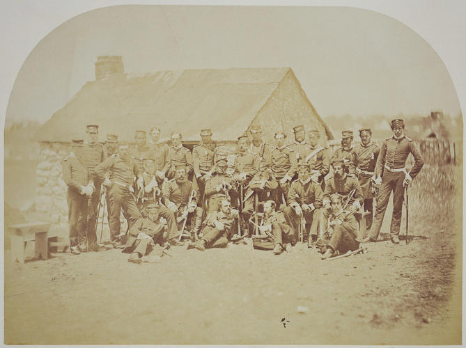 Group outside hut [taken from contents list]. [Crimean War photographs by Robertson]