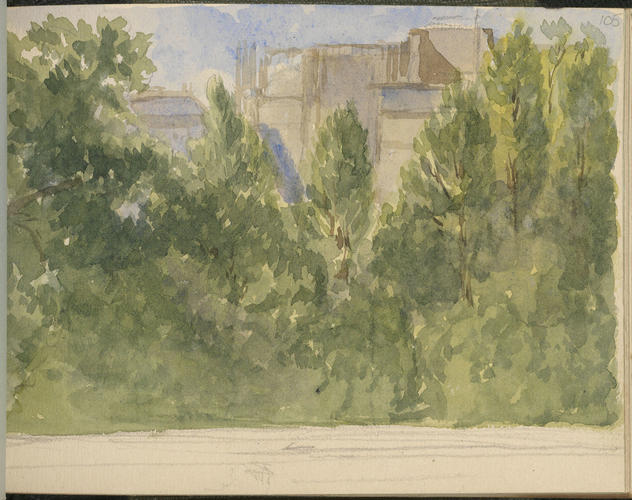 Master: SKETCHES FROM NATURE V. R. 1855 TO 1860
Item: A building obscured by trees