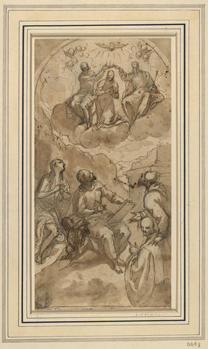 St John the Evangelist, St Mary Magdalene and a bearded Saint introducing a donor, watch the Coronation of the Virgin above: St John the Evangelist, St Mary Magdalene and a bearded Saint introducing a donor, watch the Coronation of the Virgin above:
