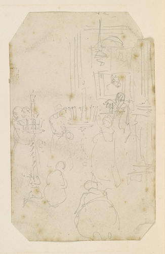 Church interior with kneeling figures Church interior with kneeling figures