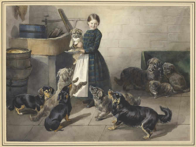 Annie Macdonald with puppies at the Kennels at the Home Park, Windsor, December 1850