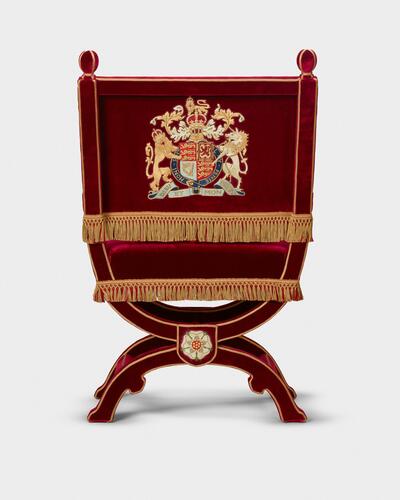 Master: Pair of throne chairs, used by King George VI and Queen Elizabeth and King Charles III and Queen Camilla
Item: Throne chair, used by King George VI and King Charles III Master: Pair of throne chairs, used by King George VI and Queen Elizabeth and King Charles III and Queen Camilla
Item: Throne chair, used by King George VI and King Charles III