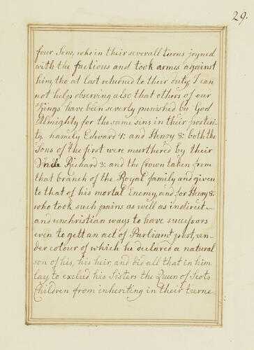 Copy of a manuscript in the Prince Regents possession, found in the Stuart papers / transcribed by Her Majesty Queen Charlotte in her own handwriting. anno domini 1812 Copy of a manuscript in the Prince Regents possession, found in the Stuart papers / transcribed by Her Majesty Queen Charlotte in her own handwriting. anno domini 1812