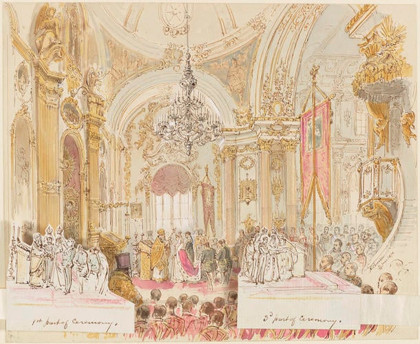 The Orthodox marriage service of Alfred, Duke of Edinburgh and Maria Alexandrovna, 23 January 1874 The Orthodox marriage service of Alfred, Duke of Edinburgh and Maria Alexandrovna, 23 January 1874