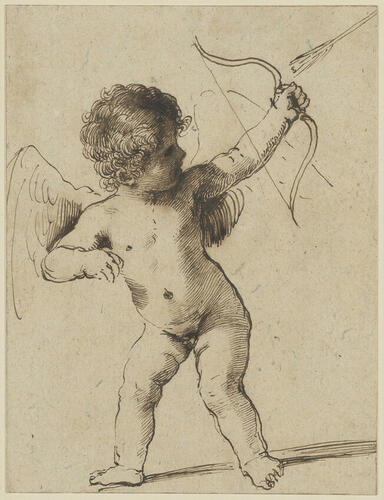 A standing winged putto shooting an arrow from a bow A standing winged putto shooting an arrow from a bow
