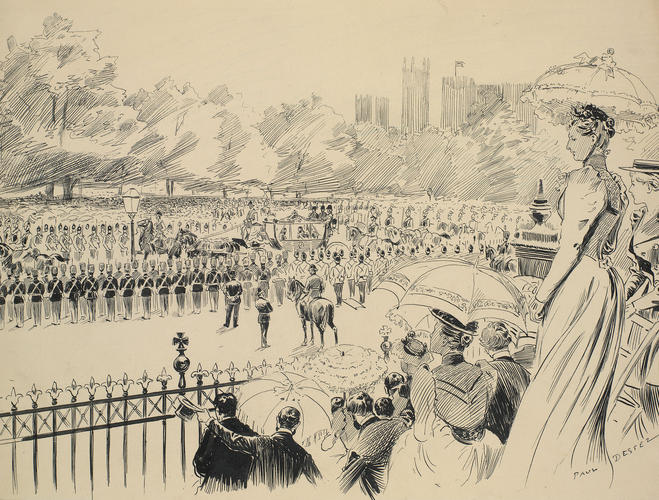 Marriage of the Duke and Duchess of York: the bridegroom's carriage passing in front of Buckingham Palace (1893) Marriage of the Duke and Duchess of York: the bridegroom's carriage passing in front of Buckingham Palace (1893)