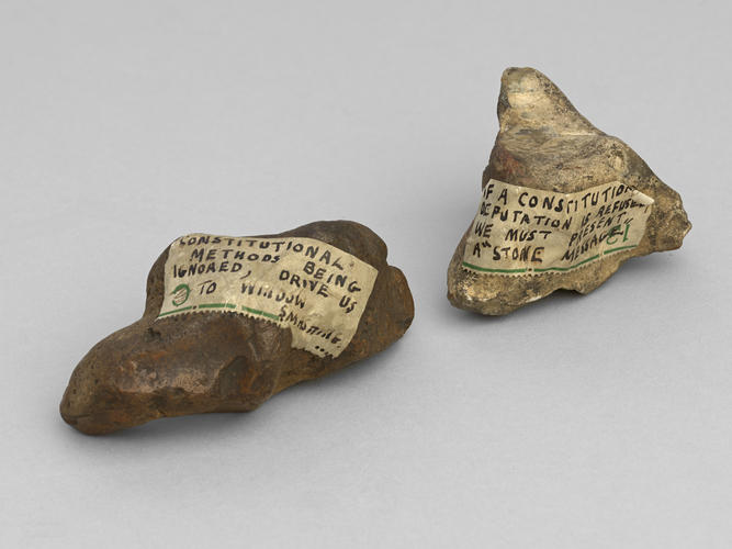 Two stones with Suffragette labels