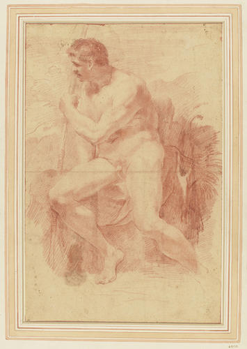 A seated male nude, holding a staff A seated male nude, holding a staff