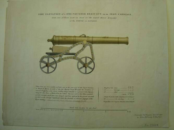 Side Elevation of a One Pound Brass Gun on an Iron Carriage / From one of those now in store in the Royal House Armoury / ar the Tower of London