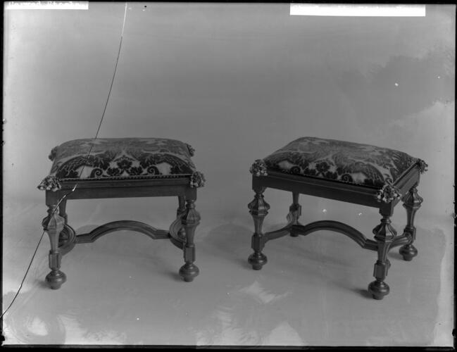 Glass plate negative of carved stools Glass plate negative of carved stools
