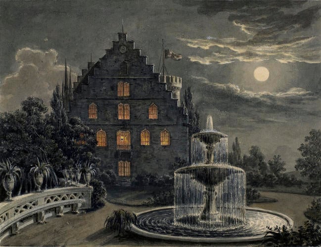 The Rosenau: north-west front and terrace by moonlight