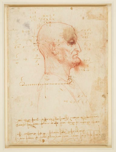 Recto: A bald man in profile, with mathematical calculations and notes. Verso: A bearded man in profile, confronted by a grotesque profile