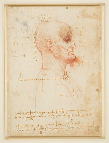 Recto: A bald man in profile, with mathematical calculations and notes. Verso: A bearded man in profile, confronted by a grotesque profile Recto: A bald man in profile, with mathematical calculations and notes. Verso: A bearded man in profile, confronted by a grotesque profile