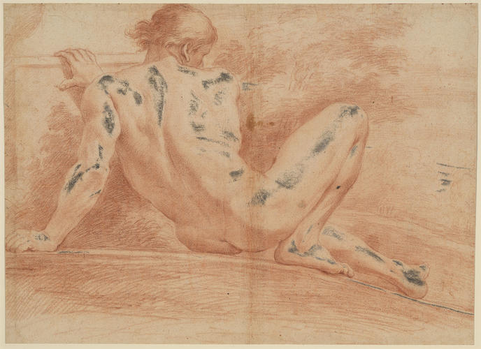 A male nude, seated on the ground, seen from behind A male nude, seated on the ground, seen from behind