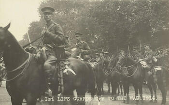 Master: Page 46 of Queen Mary's Album, vol. 17 (June 1913 - 2nd July 1916)
Item: 1st Life Guards off to the War, 1914