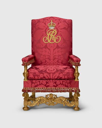 Master: Pair of Chairs of Estate, used by Queen Elizabeth II and Prince Philip, and by King Charles III and Queen Camilla
Item: Chair of Estate used by Prince Philip, Duke of Edinburgh and Queen Camilla