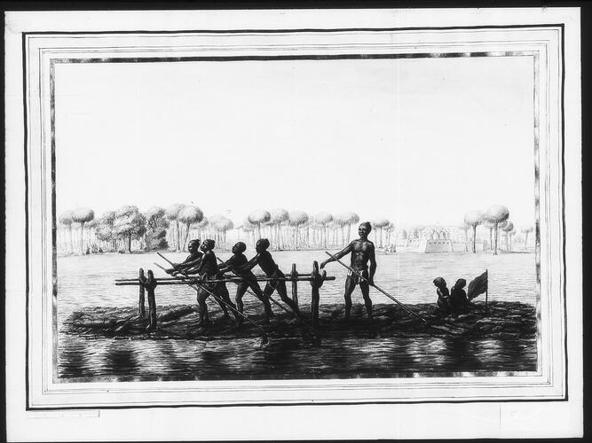 Men and children on a raft