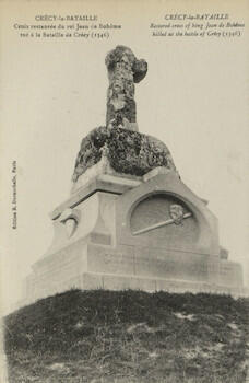 Master: Page 33 of Queen Mary's Album, volume 18, 20 June 1916 to 20 September 1918
Item: The Cross of King John of Bohemia at Crecy, France